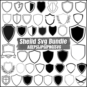 Może przedstawiać: Kolekcja wzorów tarcz w różnych kształtach i stylach, zarówno wypełnionych, jak i obrysowanych. Obraz zawiera tekst "Sheild Svg Bundle" ze wskaźnikami typu pliku.