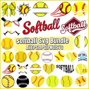 Puede incluir: Una colección de gráficos con temática de softbol en amarillo, rojo y negro. Incluye pelotas de softbol, corazones, estrellas, lazos y el texto "Softball SVG Bundle" y "Softball Father".