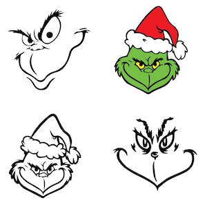 May include: Four different images of the Grinch, a green, furry, Christmas-themed character. Two images show the Grinch wearing a red and white Santa hat, and two images show the Grinch's face without the hat. The Grinch's face is green and has a grumpy expression.