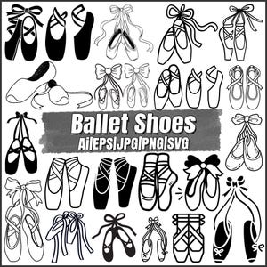 Peut inclure: Illustration en noir et blanc de différents modèles de chaussons de danse, comprenant des pointes et des ballerines, avec des rubans et des nœuds. Le texte "Ballet Shoes" et les types de fichiers sont inclus.