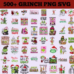 Könnte beinhalten: Eine Sammlung von 36 farbenfrohen digitalen Designs mit dem Grinch, einer beliebten Weihnachtsfigur. Die Designs beinhalten verschiedene Sätze und Bilder rund um den Grinch, wie "Grinch Mode On", "Drink Up Grinches", "Grinch Squad" und "Grinch Mama".