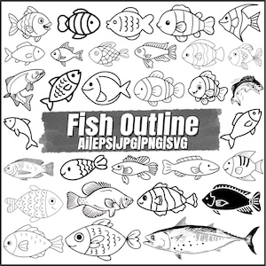 Pode incluir: Uma coleção de ilustrações de peixes em preto e branco com várias espécies e estilos, incluindo contornos simples e desenhos detalhados. O texto central diz Fish Outline Ai|EPS|JPG|PNG|SVG, exibindo uma variedade de designs aquáticos.