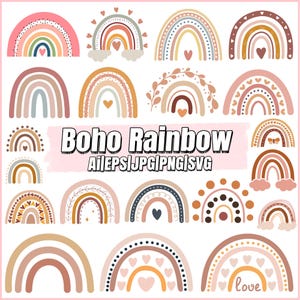 May include: A collection of twenty-one rainbow illustrations in various earth tones, featuring patterns of hearts, dots, leaves, and stars. The text "Boho Rainbow" and "AI EPS JPG PNG SVG" is centered in the middle of the graphic design set.