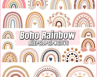 Boho Rainbow Svg BUNDLE, Cute Rainbow Svg, Rainbow Clipart svg,Pastel Heart Rainbow Cut File,Hand Drawn Rainbow, Boho Stickers
