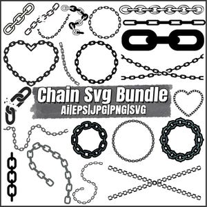 May include: A digital collection of black and white chain graphics featuring various link styles, circular arrangements, heart shapes, and crossed patterns. The center text reads Chain Svg Bundle Ai|EPS|JPG|PNG|SVG in a bold white font on a gray background.