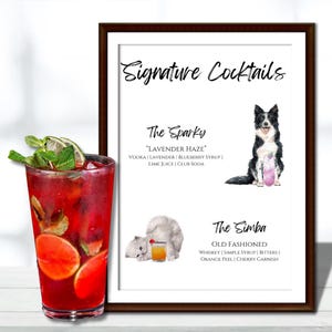 Signature Cocktails Wedding Bar Sign With Pets | Customizable Canva Template | 8x10 Signature Cocktails Sign With Pets