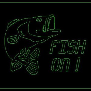 May include: A green line drawing of a fish with its mouth open, with the text "FISH ON!" below it.