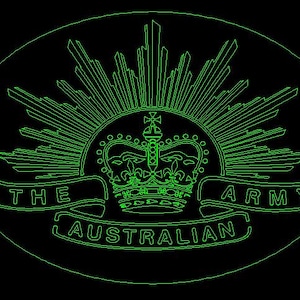 May include: A green line drawing of the Australian Army emblem. The emblem features a crown with a star on top, surrounded by a sunburst and the words "The Australian Army".