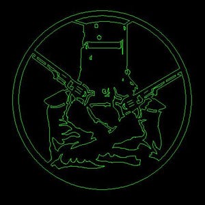 May include: A black and white line art illustration of a knight in armour holding two swords, inside a circle.