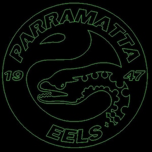 Op de afbeelding: Een groene omtrek van het Parramatta Eels logo op een zwarte achtergrond. Het logo bevat de woorden "PARRAMATTA" en "EELS" in een cirkelvormig ontwerp, met de nummers "19" en "47" en een gestileerde paling illustratie.