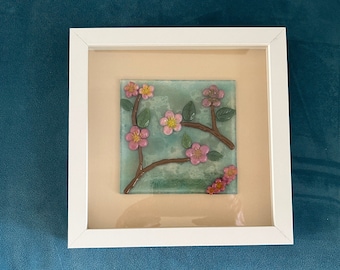 Japanese Cherry Blossoms, Framed Fused Glass Art Handmade, Washington DC Cherry Blossom Festival, Great Gift