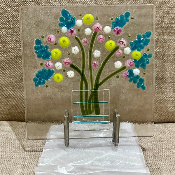 GLASS BOUQUET of FLOWERS, Fused Glass Handmade, Tabletop Art on Unique Display Stand, Great Gift, Murrini Millefiore and Vitrigraph