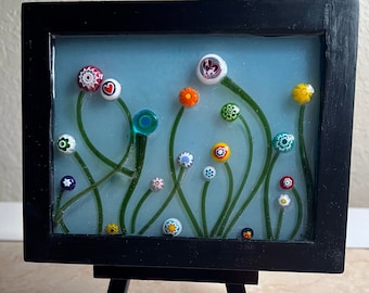 Italian Glass Flower Garden, Fused Glass Art, Handmade Kiln Fired Tabletop Art, Frame and Easel, Great Gift