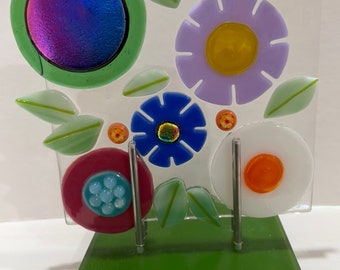 CHEERFUL FLOWERS, Fused Glass Art Handmade, Personal Garden, Tabletop Art on Unique Display Stand, Great Gift,