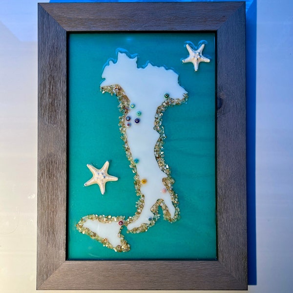 ITALY in Glass, Resin, Mother of Pearl, Millefiori and Real Starfish, Framed and Ready to Hang, Wall Art, La Dolce Vita