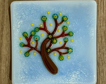 Tree of Life Small Dish, 3" x 3" Ring Tray, Handmade Kiln Formed, Millefiore Murrini Flowers, Glass Tree, Great Gift