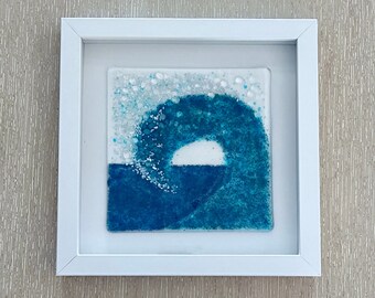 OCEAN WAVE and SEASPRAY, Framed Fused Glass, Art Handmade, Ready to Hang or Place on a Cabinet, Coastal Decor, Beach Lover, Surfer