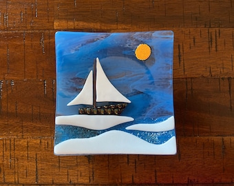 Sailboat Fused Glass Dish or Trinket Tray, Sailing Ship Handmade Kiln Fired, Wispy Blue and Clear Glass, White Waves, Full Sun