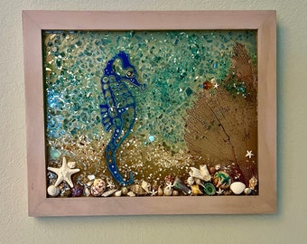 OCEAN in Glass and Resin with Natural Elements of the Sea: Fan, Mother of Pearl, Shells, Enameled Seahorse, Framed, Mixed Media Wall Art