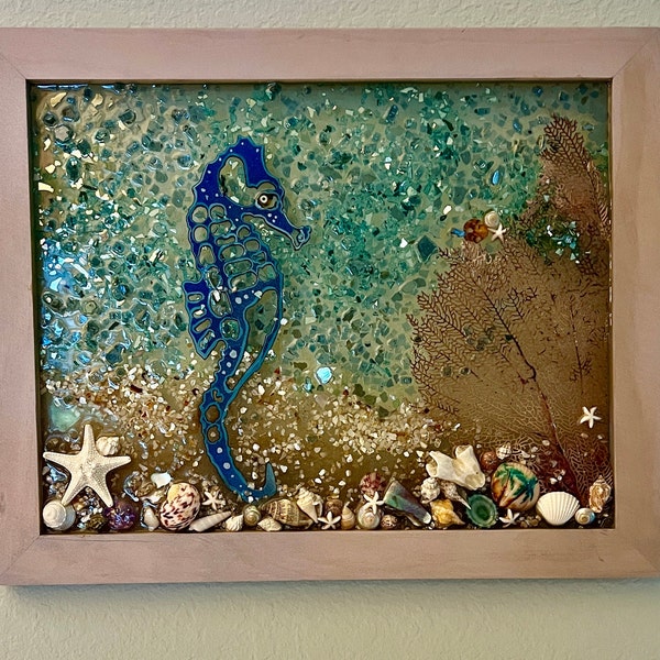 OCEAN in Glass and Resin with Natural Elements of the Sea: Fan, Mother of Pearl, Shells, Enameled Seahorse, Framed, Mixed Media Wall Art