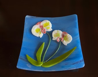 Orchids Fused Glass Dish or Trinket Tray, White and Pink Phalaenopsis , Handmade Kiln Fired, Wispy Blue and Clear Glass, Great Gift