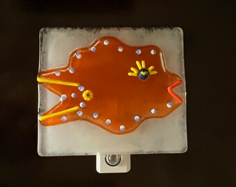 Night Light Fused Glass, Bright Orange Fun Fish, Handmade LED Nightlight, Coastal Theme, Sea