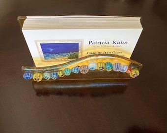 Business or Personal Card Holder, Iridescent Gold Glass , Fused Glass Flowers, Handmade, Millefiori Murrini, Desk Accessory, Great Gift