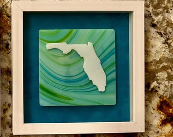 Framed Florida Fused Glass Art: Sueded Aqua Mat, White Wood Frame, Handmade, Kiln Fired