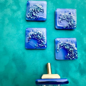 Fused Glass Ocean Wave Knob: Coastal Brushed Nickel Cabinet Hardware