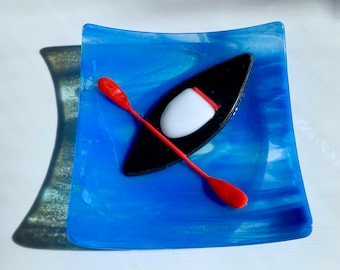 Kayak and Paddle, Fused Glass Handmade Dish, Watersport, One of a Kind, Great Gift for Guy or Girl