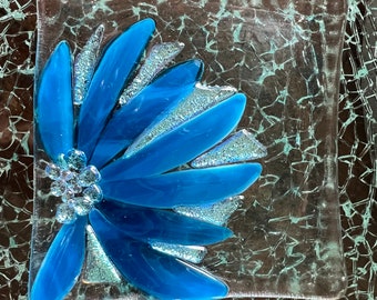 Mothers Day Gift, Dazzling Blue Flower, Glass Ring Dish or Trinket Tray, Handmade Kiln Fired