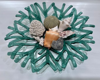 SEA GREEN Glass Sea Coral Bowl ~ Beach Theme Handmade 10-1/2" diameter ~ Fused Glass