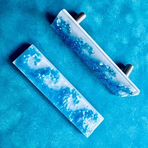 Fused Glass Cabinet Pulls, Ocean Wave Drawer Handles, Hand-made, Coastal Decor, Aquamarine Sea Waves, Brushed Nickel Hardware