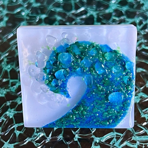 Glass Cabinet Door or Drawer Knob, Ocean Wave, Sea 1-5/8" Square, Handmade 3 Layers of Fused Glass, Coastal Decor