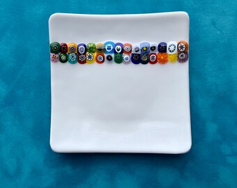 MURANO Millefiore Fused Glass Dish or Trinket Tray, Hearts, Stars, Flowers, Cogs, Kiln Fired, Italian Glass, Great Gift