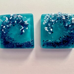 Ocean Wave Knob Fused Glass, for Cabinet or Drawer, COASTAL, Square, Handmade Kiln-Fired Glass on Brushed Nickel