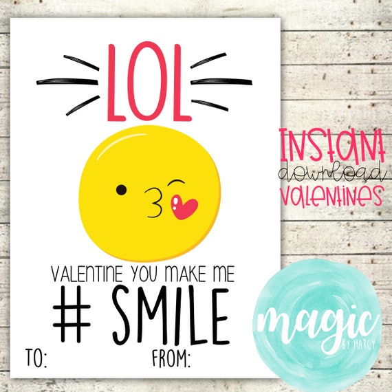 INSTANT DOWNLOAD Smile Emoji Printable Valentine for Valentines Day Il_570xn