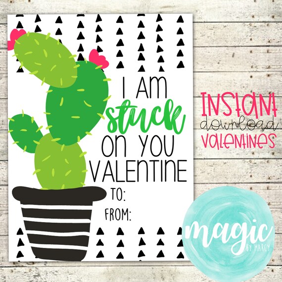 INSTANT DOWNLOAD Stuck on you cactus Printable Valentine for Valentines Day Il_570xn