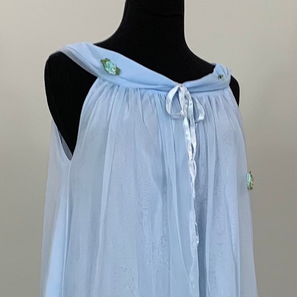 1960s Radcliffe Light Blue Off the Shoulder Chiffon Short Night Gown - Size 2/4 - 60s Blue Chiffon Babydoll Lingerie - Radcliffe Nightie