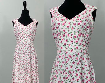 White and Pink Sleeveless Floral Maxi Dress - Size 0/2 - 70s White and Pink Floral Maxi