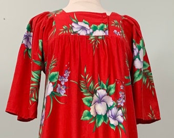 Red Hilo Hattie's Ankle Length Hawaiian Dress - Size 6/8 - Vintage Red Hibiscus Floral Hawaiian Dress