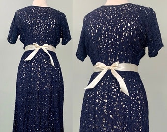 Navy Blue Crocheted Ribbon A-line Dress - Size 8/10 - 50s Navy Blue Ribbon Crochet Dress