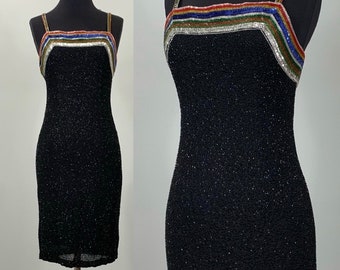 Heavily Beaded Slip Cocktail Dress w/Rainbow Striped Beading by Jeet - Size 00/0