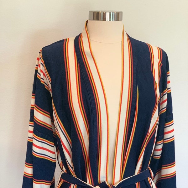 1960s Unisex Navy Kimono Robe with White Orange and Yellow Vertical Stripes - One Size Fits All - Pocketed Robe - Loungewear - 1970s