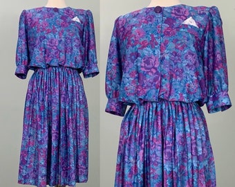 Blue and Purple Pleated Floral Secretary Dress by Marla R. Ltd. - Size 10/12 - 80s Blue Floral Pleated Midi Dress