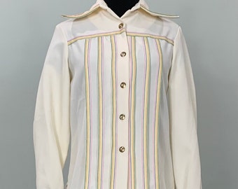Ensemble pantalon 2 pièces beige des années 1970 avec broderies arc-en-ciel - Taille 00/0