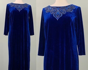 Blue Embellished Velveteen Gown by Bob Mackie Wearable Art - Size 4/6 - Blue Velveteen Embellished Kaftan