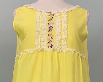 Sleeveless Yellow Sheer Embroidered Nightgown by Katz - Size 8/10 - 70s Yellow Embroidered Nigtie