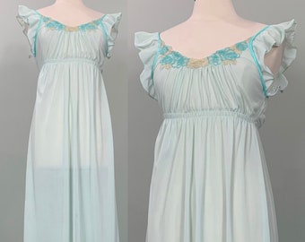 Light Blue Night Gown with Ruffled Cap Sleeve by Gossard Artemis - Size 2/4 - 70s Blue Full Length Nightgown