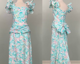 1980s Floral Pastel Watercolor Big Bow Gown - Size 8/10 - 80s Pastel Floral Big Bow Formal - 90s Floral Prom Dress